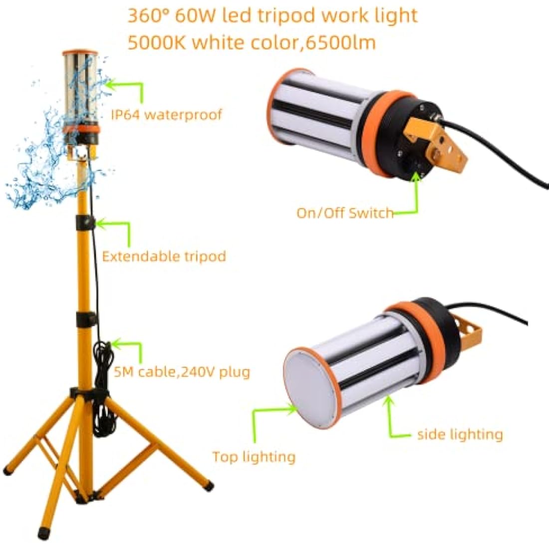 choen 240V 60W Led Tripod Work Site Light 6500 Lumen Jobsite Lighting on Stand,360° Work Lighting for Construction Contractors,Patio,Workshop,DIY Room,Portable and Long Lifespan