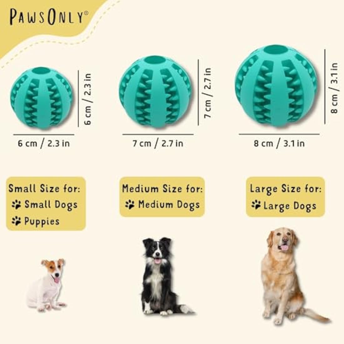 PawsOnly | Dog Treat Ball Dispenser | Interactive Toy for Boredom | Enrichment & Mental Stimulation | Safe Rubber Feeder | Puppy Challenging Activity (Small 6cm/2.35in, GREEN, 1 Pack)