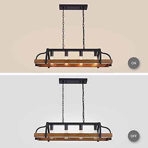 WUZUPS 4-Light Metal Pot Hanging Rack Chandelier Imitation Wood Grain Linear Pendant Ceiling Lighting Rustic Farmhouse Fixture Kitchen Island Dining Room, H25 x L88 x W30, E27 Base, Black