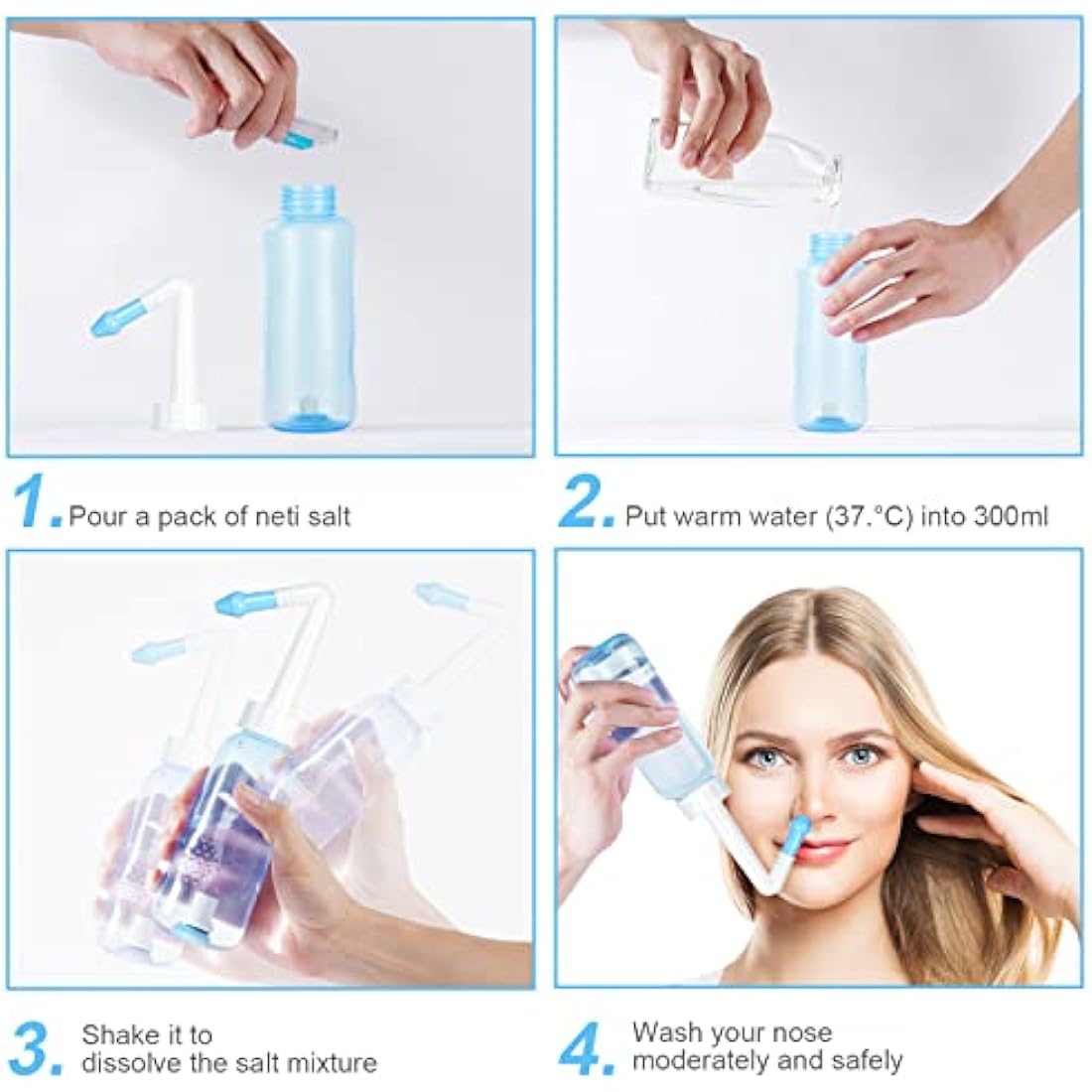 URAQT Neti Pot, Nasal Rinse Kit Nose Wash Cleaner, 300ml Sinus Rinse Bottle with 40 Nasal Wash Salt Packets, Pressure Rinse Nasal Irrigation for Adult and Kid BPA Free