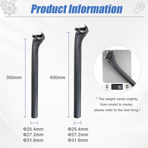 ROADNADO Carbon Fiber Bicycle SeatPost Ultralight Carbon Bike Post Matte Adjustable Offset Seatpost for MTB Road Bike BMX Seat Tube(31.6*350mm)