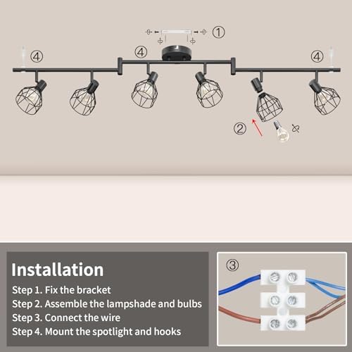 Dehobo Spot Light Fittings for Ceilings Adjustable Metal Wire Cage Kitchen Spotlight with E14 Base Black 6 Way Ceiling Light Industrial for Bedroom Bar Hallway Living Room No Bulb