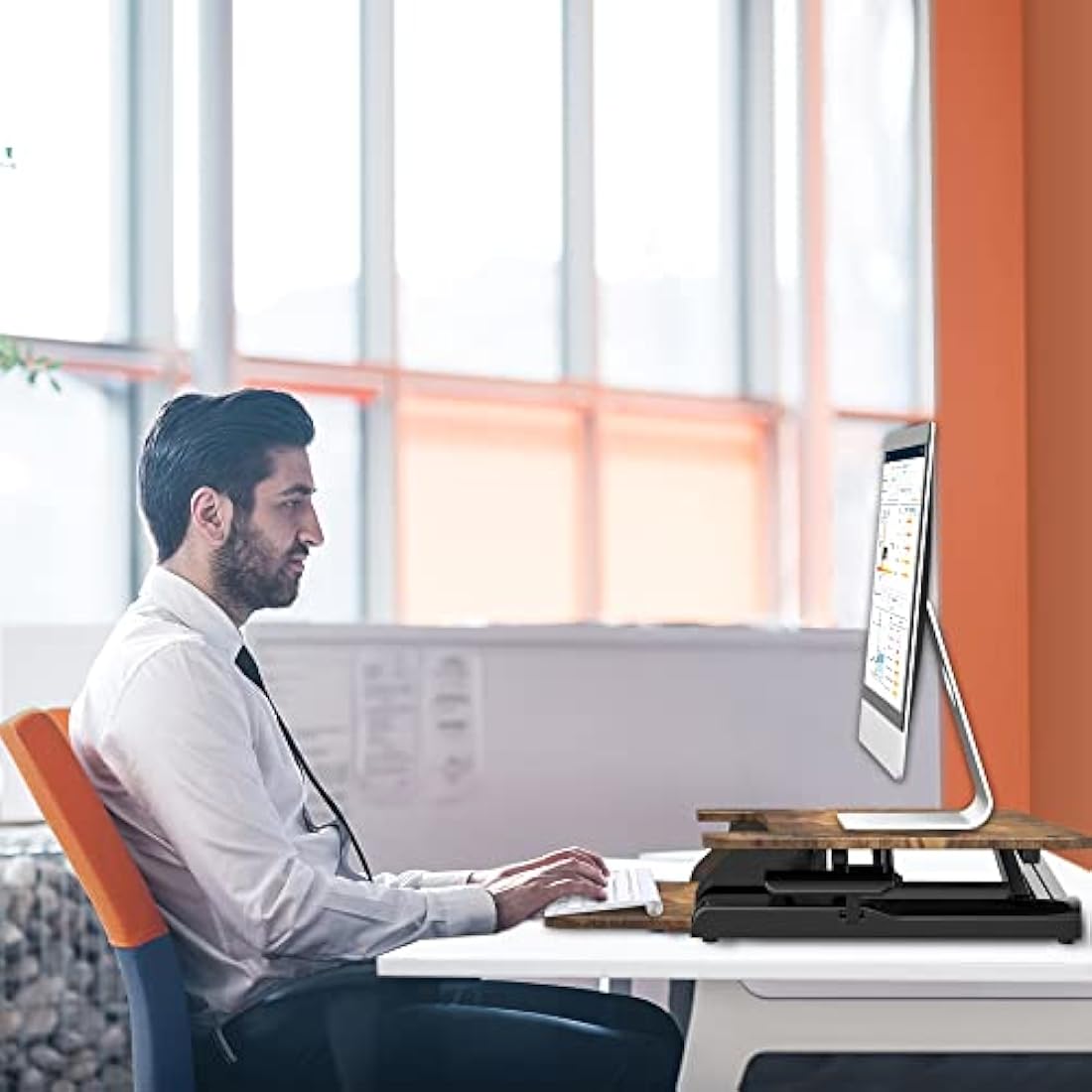 PUTORSEN Standing Desk Converter with Height Adjustable 32 inch Stand Up Desk, Ergonomic Sit Stand Dual Monitor and Laptop Riser Tabletop Workstation Rustic