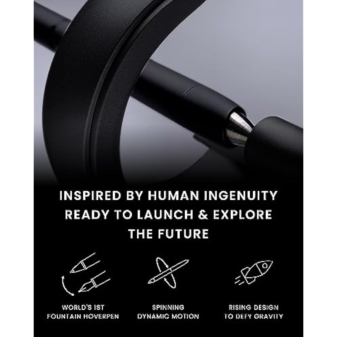 novium Hoverpen Future Edition - Luxury Fountain Pen & Rollerball Pen All-In Gift Box, Fine Nib, Futuristic Aesthetic, Aerospace Metal Made, Free Spinning Pen, Christmas Gifts for Men (Deep Black)