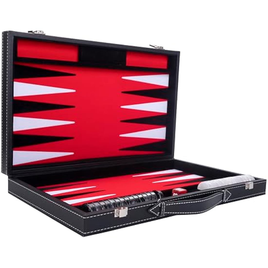 Engelhart - 250507 - Luxury Backgammon - Red - 38 cm - 15 Inches - Faux Leather - Felt Inlay - Pearl Dice and Chips + 2 Cups - Strategy - Backgammon Game