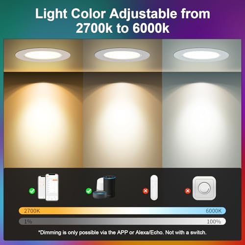 VARICART Smart LED Downlights for Ceiling Alexa, 7W Bluetooth RGB Colour Changing Spot Lights 2700K-6000K, Dimmable Recessed Ceiling Lights, APP Control for Living Room Bedroom Kitchen, 6 Pcs