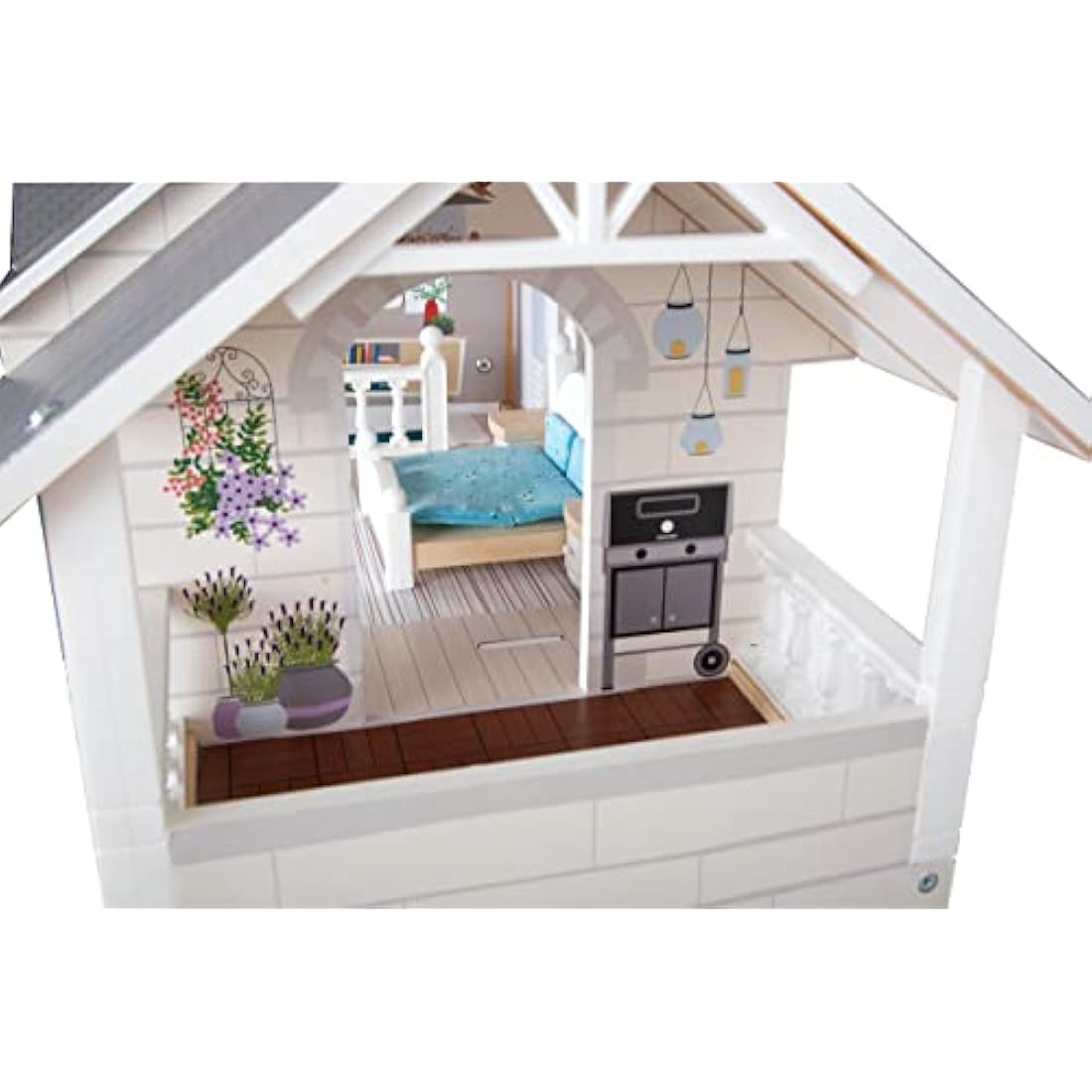 Small Foot 11802 Wooden Doll's House with 3 Floors, Open Front and Extensive Furniture, from 3 Years Toys, White Grey, 82 x 51.1 x 15 cm