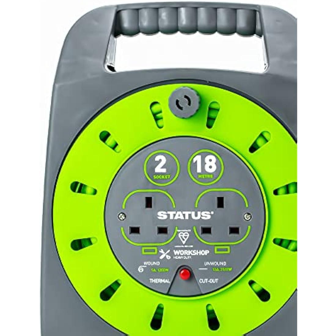STATUS 2 Socket Cable Reel, 18m, Green Extension Lead, 13 Amp, Thermal Cut Out, Heavy Duty, Outdoor Power Supply, Ideal for Garden, Workshop, DIY, Power Tools (S18M2G13ACR4)