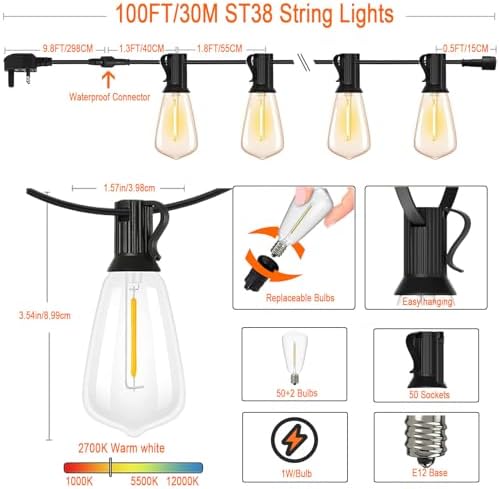Skeerei 30M Festoon Lights Outdoor Mains Powered Led Garden Lights String with Vintage 52pcs 2700K Warm White for Pegola, Patio, Gazebo, Backyard,Terrace, Party,Wedding [Energy Class G]