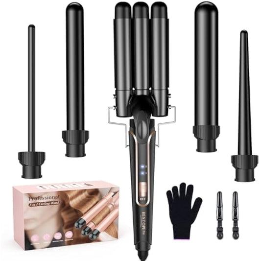 BESTOPE PRO 5 in 1 Beach Waver Hair Curler, Curling Iron (9-32mm) with 2 Temperature Control, Mermaid Hair Waver with Heat-Resistant Glove and 2 Clips for Long Medium Short Hair