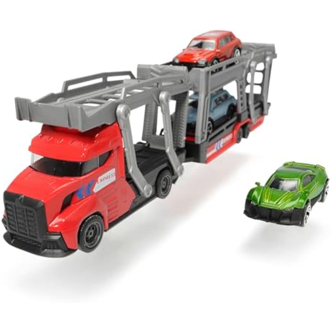Majorette Car Carrier 2-asst - Free-wheeling car transporter with three die-cast toy cars - included in the set. - 28cm long