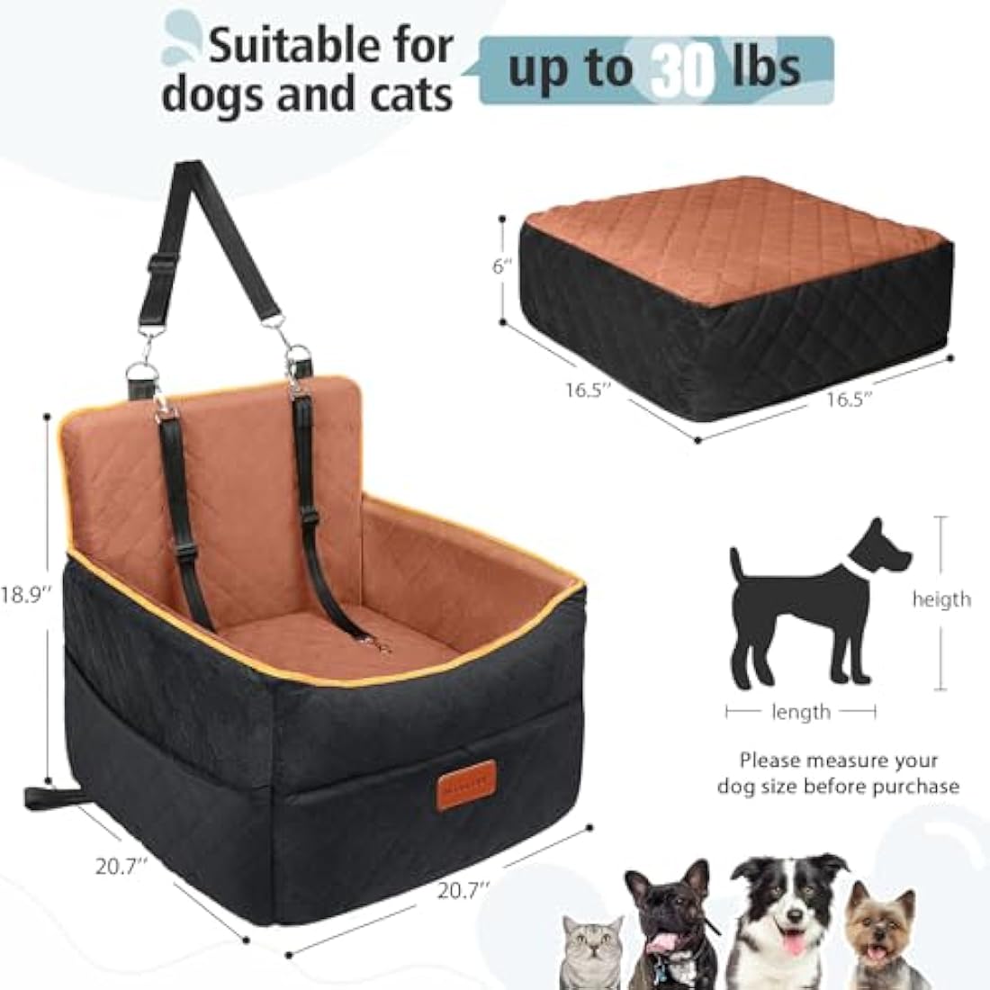 HEGGCOOE Small Dog Car Seat, Memory Foam Dog Booster Seats with Thick Cushion for Medium Dogs Under 35lbs, Detachable Washable Pet Car Seat with Storage Pockets,2 Safety Belts-Black/Z