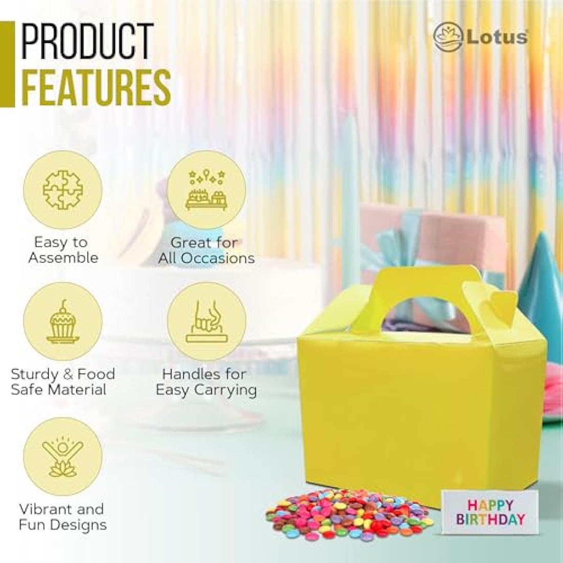 Lotus 50 x Children/Kids Plain Coloured Party Boxes Carry Food Meal Fun Picnic Birthday Wedding Favour/Baby Shower Party Halloween Trick or Treat Box Loot Bag (Yellow)