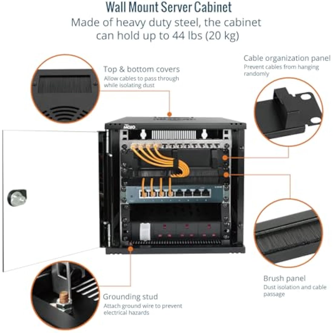 Tecmojo 6U Wall Mount Data Cabinet, 10in Wide 300mm Depth Network Cabinet with Rack Shelf, Brush Panels, Cable Organizer for 10'' AV/IT/Data Devices, 44lbs(20kg) Capacity, Glass Door