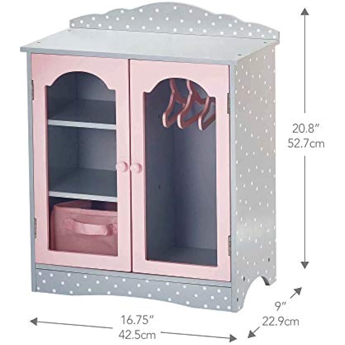 Olivia's Little World Polka Dot Princess Wooden Shaker-Style Double Closet for 18" Doll Wardrobes with Windowed Doors, Three Shelves, Hanging Space with Hangers, Grey/Pink