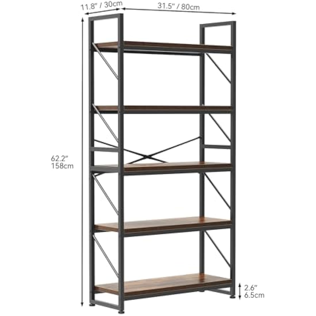 YITAHOME Bookcase 5 Tiers, Industrial Book Shelf Large Floorstanding Book case Wooden Shelf and Metal Frame Shelving Unit Display Storage Rack for Living Room, Home Office, Rustic Brown Bookshelf