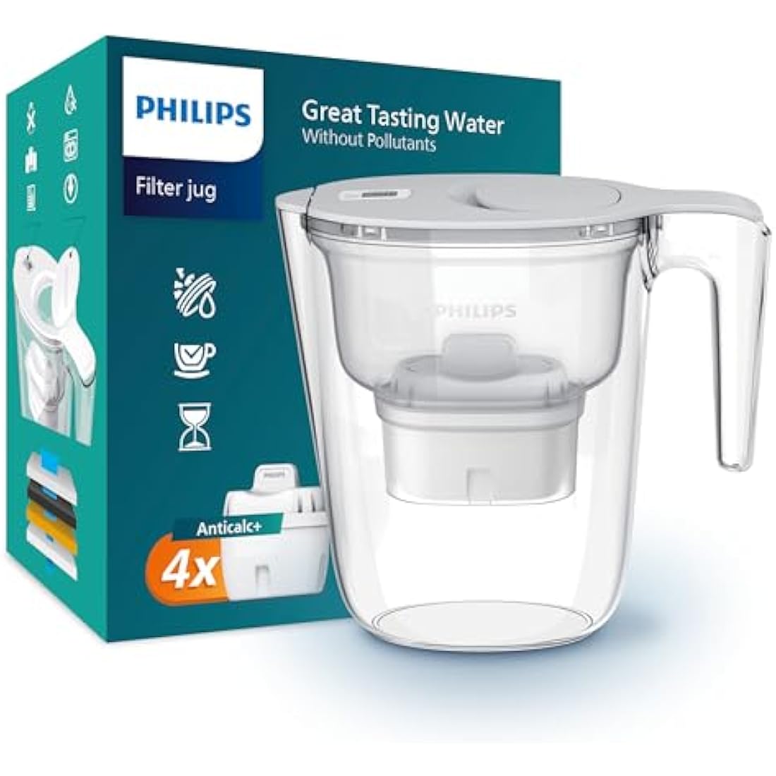 Philips Water Filter Jug +4 Anticalc+ Replacement Filter Cartridges, UP TO 50% MORE WATER-HARDNESS REDUCTION, Fast flow, White, 2.6 litres, Electronic timer