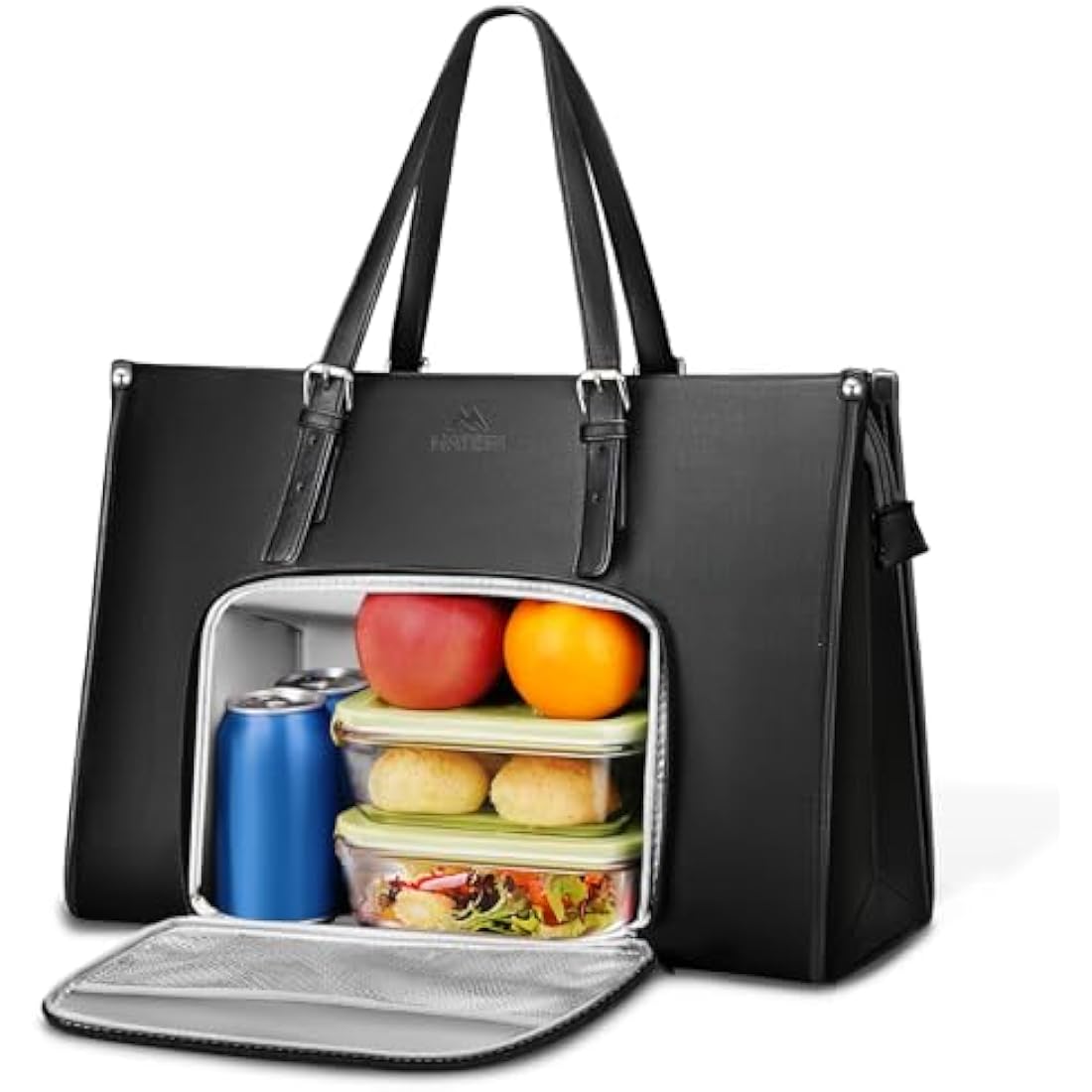 MATEIN Laptop Bags for Women with Insulated Leakproof Lunch Compartment, 15.6 Inch PU Leather Briefcase, Laptop Tote Work Bag with an Adjustable Handle, Designer handbag for School, Office, Black