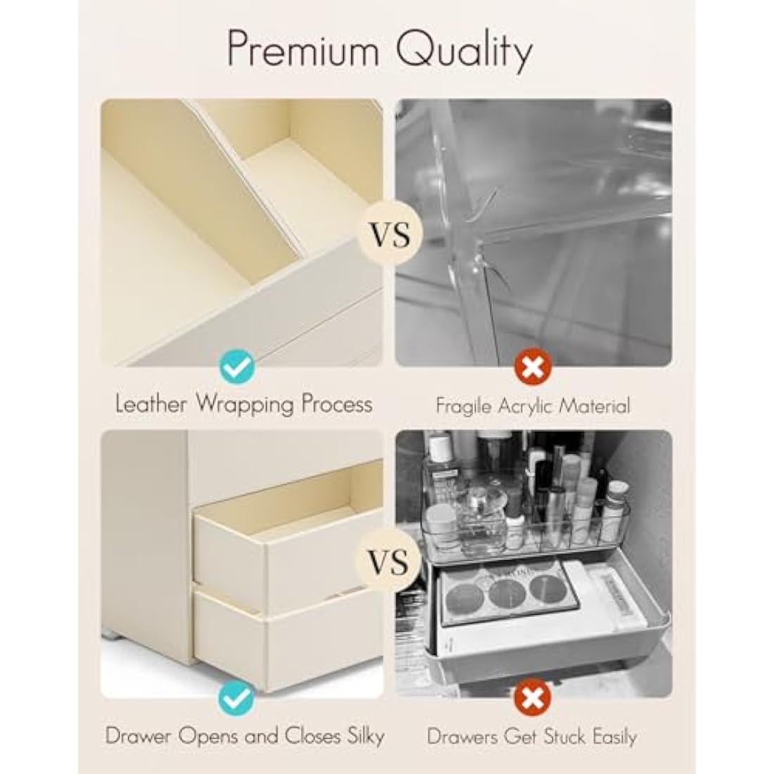 Vlando Makeup Organiser, Faux Leather Cosmetic Organiser with 2 Drawer, Dressing Table Organiser for Lipstick, Jewellery & Skincare Storage,Beige