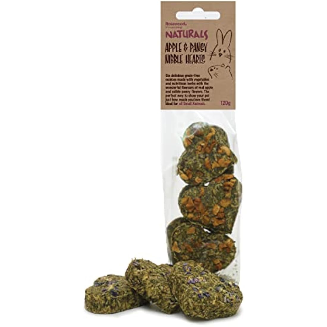 Rosewood Naturals Apple & Pansy Nibble Hearts, Small Animal Treats for Rabbits, Guinea Pigs, Chinchillas, Degus, Hamsters, Gerbils, Mice and Rats, 120g