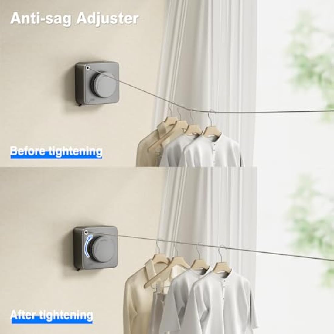MUSTORN Retractable Washing Line, Non-Sagging Clothes Line Indoor & Outdoor Heavy Duty Extendable Washing Line Wall Mounted Stainless Steel Line-4.6M（Gray）