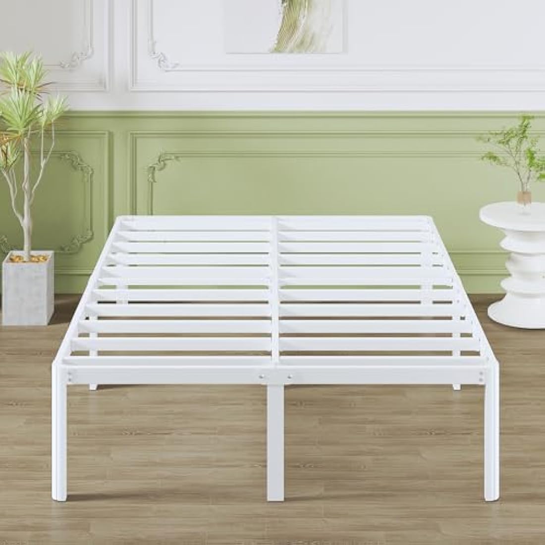 Lutown-Teen High White King Size Bed Frame 5ft with Rounded Corners, Heavy Duty Metal Bed Frames King Size with Steel Slats, 46 cm High, Ample Space Under-bed, Noise Free, Easy Assembly