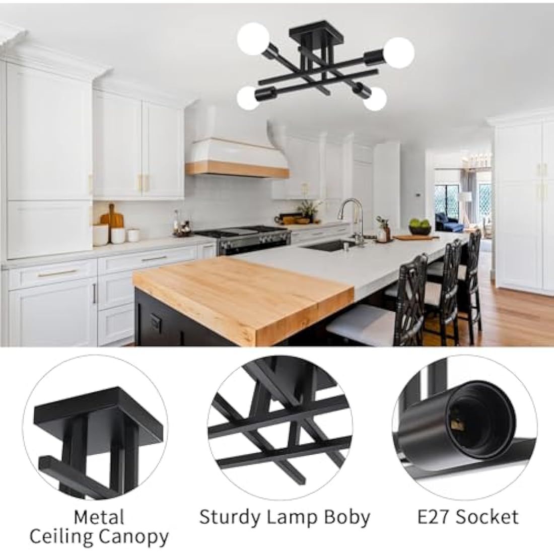 QAREHL Sputnik Ceiling Light, 4 Lights Black Ceiling Lights Living Room Modern Sputnik Chandelier for Bedroom, Dining Room, Kitchen, Hallway, Office, E27 Socket