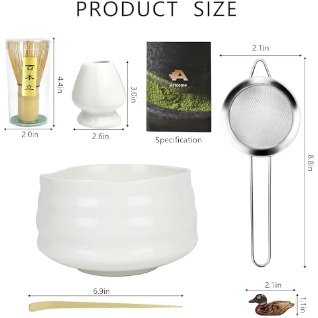 Artcome Matcha Ceremony Kit for Japanese Tea Ceremony, Traditional Matcha Bowl, Whisk, Tea Scoop, Matcha Powder Strainer, Matcha Tea Set for Making Usucha, Koicha and Matcha Latte (White)