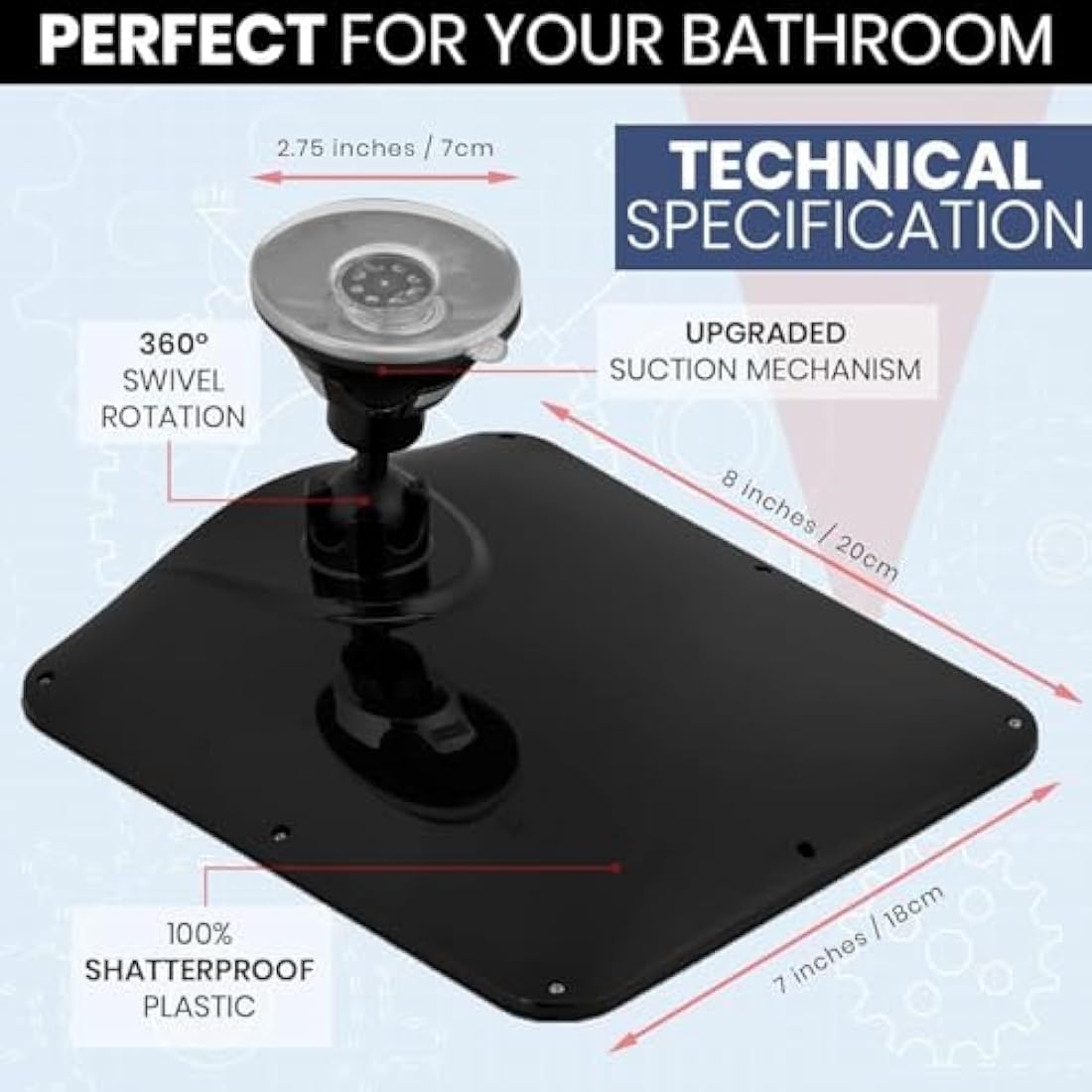 MIRRORVANA Fogless Shower Mirror for Shaving with Upgraded Suction Cup, Dual Anti Fog Design, Shatterproof Surface & 360° Swivel - Large Anti Mist Bath Mirror - 20cm x 18cm