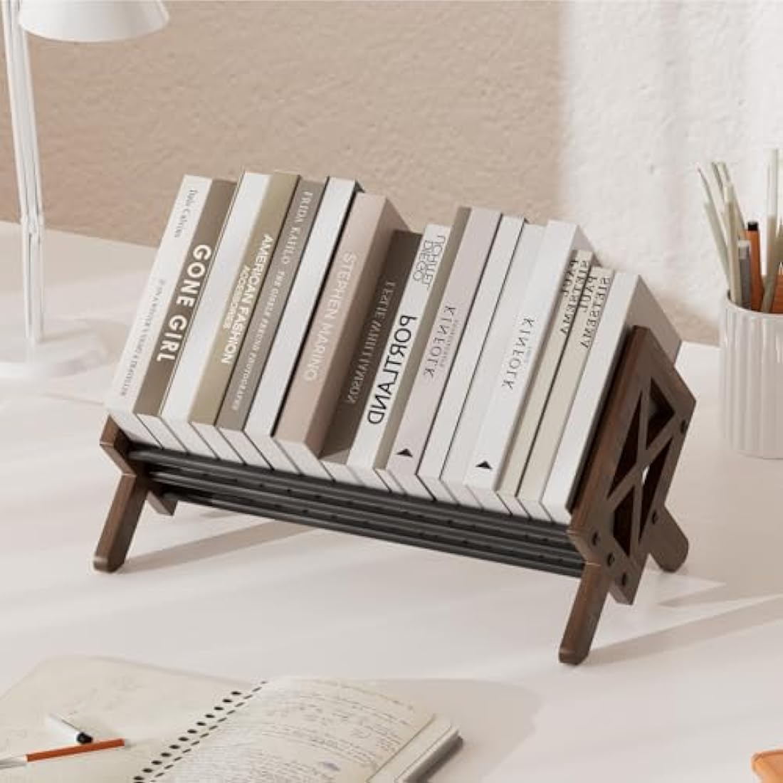 THYGIFTREE Wood Tilting Bookcase in Living Room/Home/Office, Desktop Book Shelf Organiser Bookshelves Storage Rack for CDs/Magazine/Books Display, Desktop Organiser for Books and Magazines (Brown)