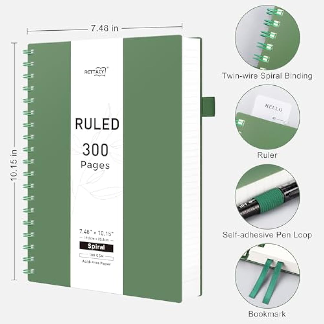 RETTACY B5 Wirebound Notebooks Notepad150 sheets/300 Pages for Writing,100gsm College-Ruled Paper, PVC Retro Cover, for Men Work Office School,19 x 25 cm - Dark Green