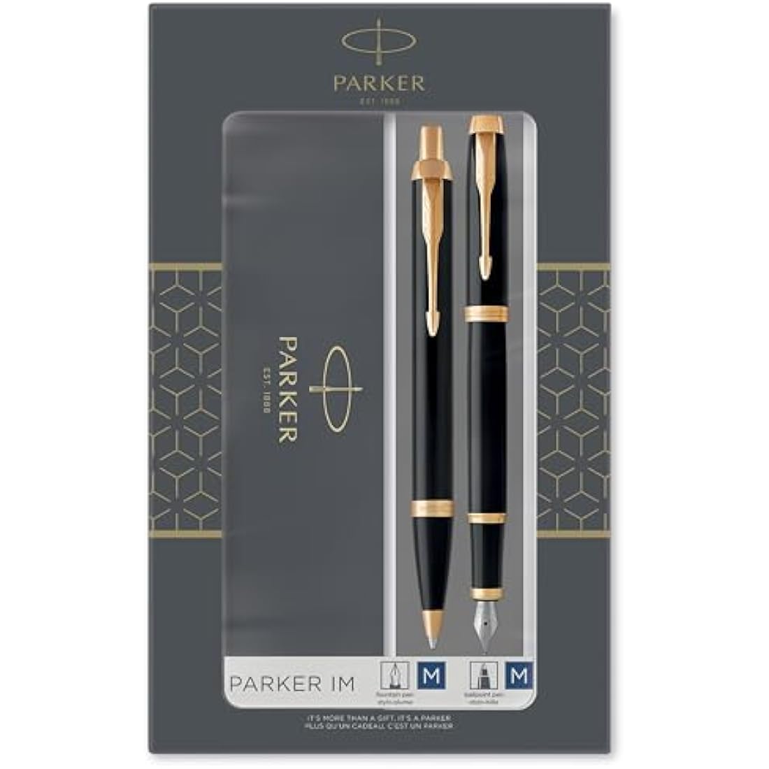Parker IM Duo Gift Set with Ballpoint Pen & Fountain Pen | Gloss Black with Gold Trim | Blue Ink Refill & Cartridge | Gift Box