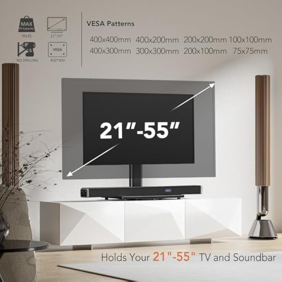 Universal Swivel TV Stand/Base Table Top TV Stand for 21 to 55 inch TVs with 90 Degree Swivel, 4 Level Height Adjustable, Heavy Duty Tempered Glass Base, Holds up to 45kgs, HT02B-002