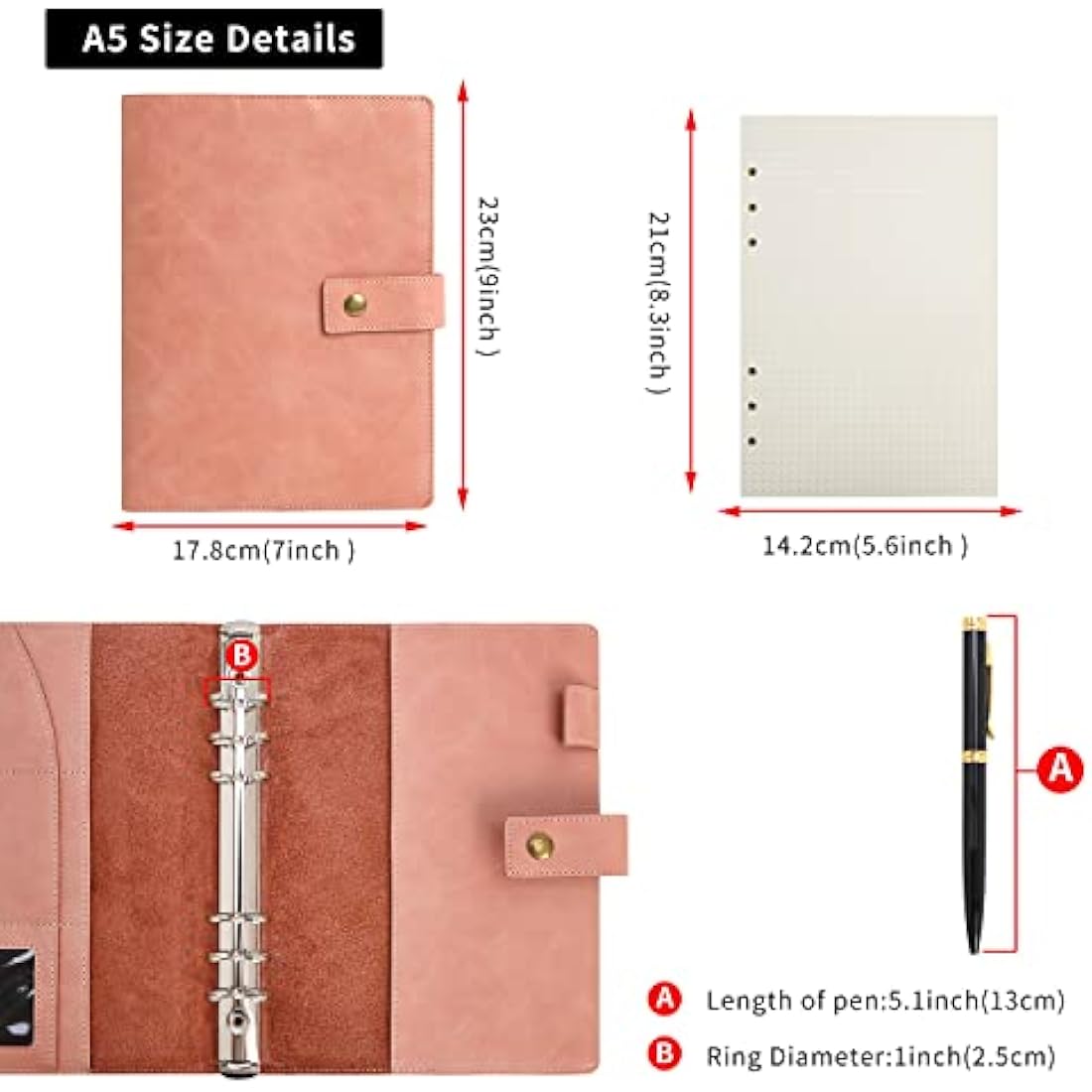 WONDERPOOL Leather Diary Refillable Notebook Spiral Journal Binder Portfolio - A5 Dot Grid Paper & Inner Pockets for Travel Work and Personal Organizer (Coffee, A5)