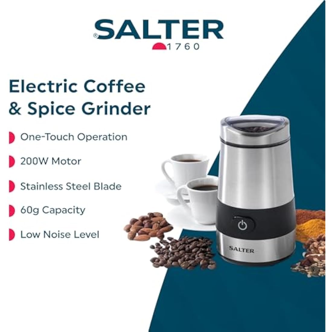 Salter EK2311 Electric Coffee Grinder – Bean, Nut & Spice Grinder, Stainless Steel Blade, 60g Herb Grinding Mill, One Touch Operation, Fast Grinding Machine, Powerful & Compact Transparent Lid, 200W