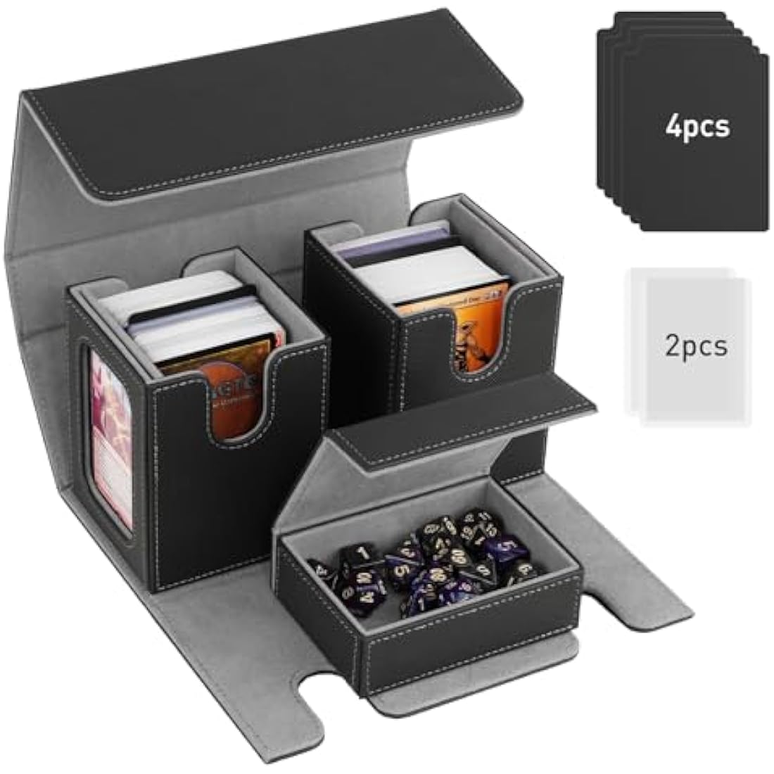 TiMOVO MTG Commander Deck Box, Magnetic Leather Card Deck Case Fits 200+ Double-Sleeved Cards, Card Box with 2 Commander Display & 4 Dividers & Dice Tray Fit YuGiOh TCG CCG Magic Cards, Black & Gray