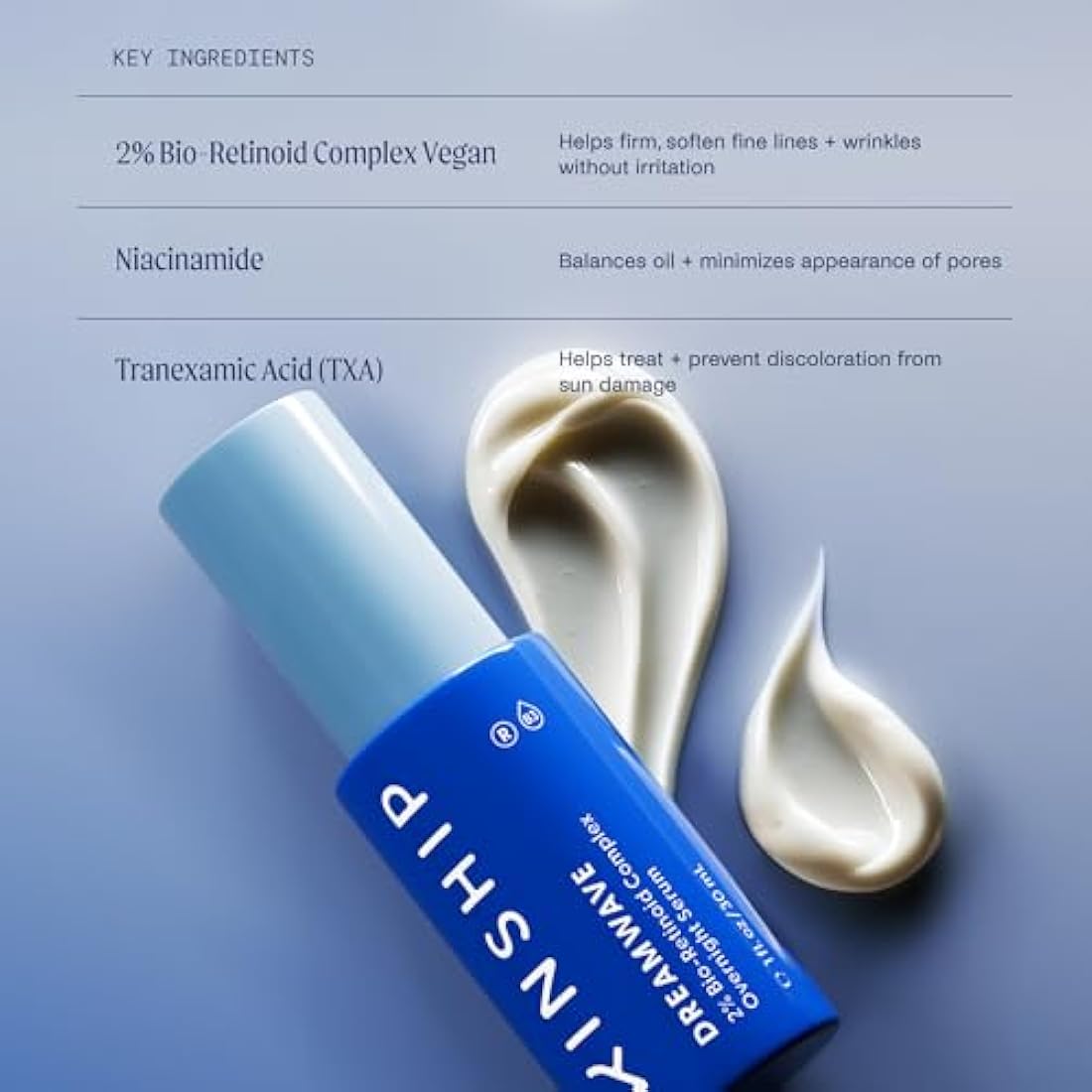 Kinship Dreamwave 2% Bio-Retinoid Overnight Renewal Serum - Retinol for Sensitive Skin - Smooth Wrinkles - Anti-Aging Niacinamide + Tranexamic Acid - Brighten, Moisturize, Reduce Redness (1 Oz)