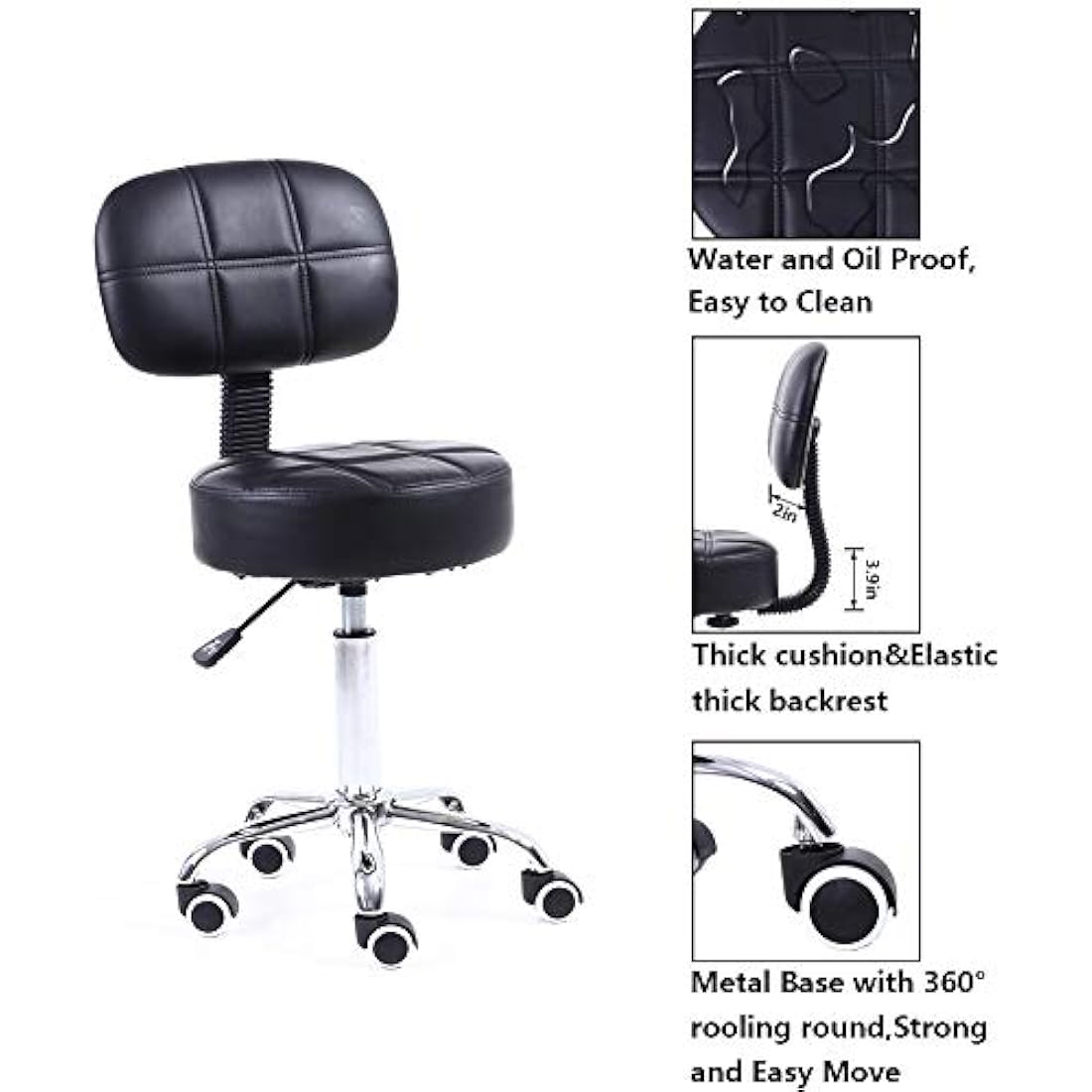 KKTONER Round Rolling Stool with Back PU Leather Height Adjustable Swivel Drafting Work SPA Salon Stools Chair with Wheels (Black)