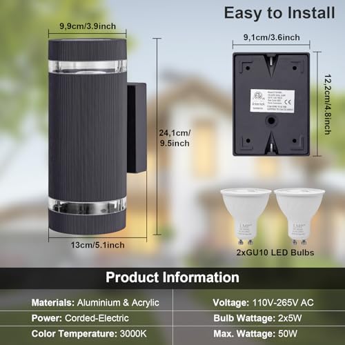 LMP Outdoor Wall Lights Mains Powered, Up Down Outside Lights Anthracite, IP65 External LED Front Door Lamp Porch Light Electric, Exterior GU10 Round Lighting Sconce Wall Mounted for House