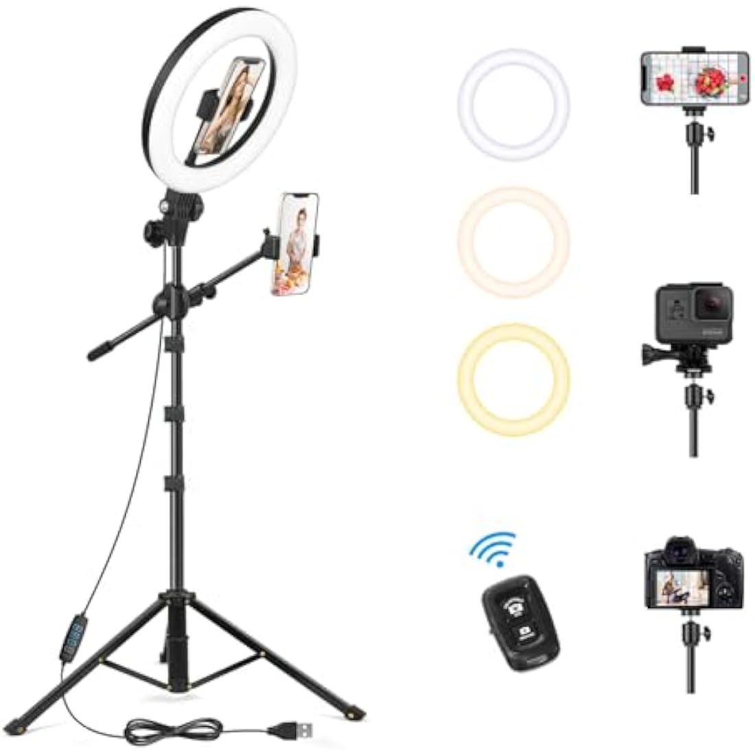LUXSURE 10.5" Ring Light with Tripod Stand & Phone Holder, Overhead Phone Mount with 2 Shooting Positions, Tripod for iPhone with Ring Light for Video Recording/Live Streaming/Cooking