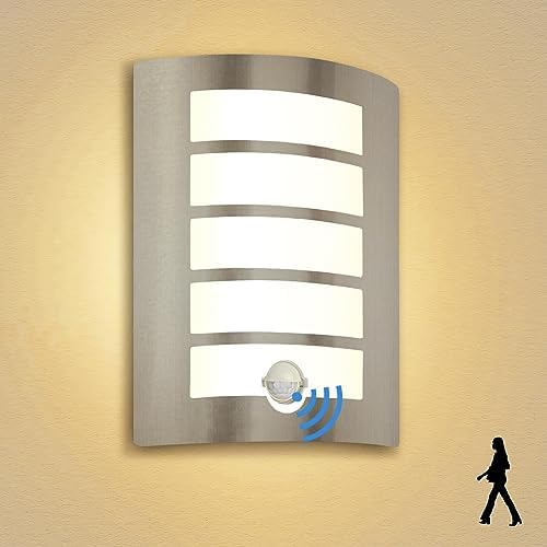 Wondlumi Outdoor Wall Lights Mains Powered PIR Motion Sensor Stainless Steel IP44 Waterproof Outside Light for Porch, Incl. 1x 12W LED E27 Bulbs Warm White