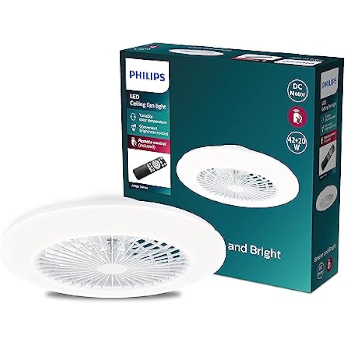 Philips LED Round Flat Fan Light 20W+40W with Remote Control [20W+40W - White] for Indoor Home Lighting, Living Room, Study, Office, Bedroom