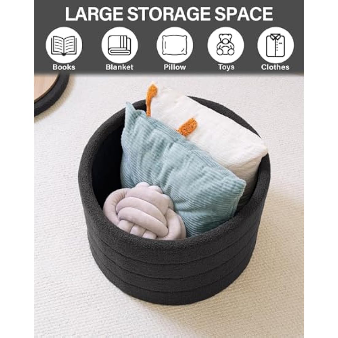 Bonlife Extra Large Folding Round Ottoman with Storage,Boucle Ottoman Stool, Footstool Seat Coffee Table,Toy Box Storage,Footrest Stool for Living Room,Bedroom,Grey,56x56x40cm