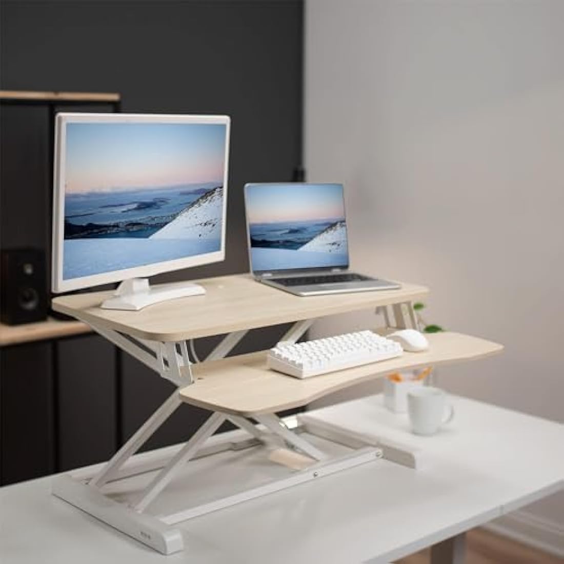 VIVO 81cm Desk Converter, K Series, Height Adjustable Sit to Stand Riser, Dual Monitor and Laptop Workstation with Wide Keyboard Tray, Light Wood Top, White Frame, DESK-V000KF
