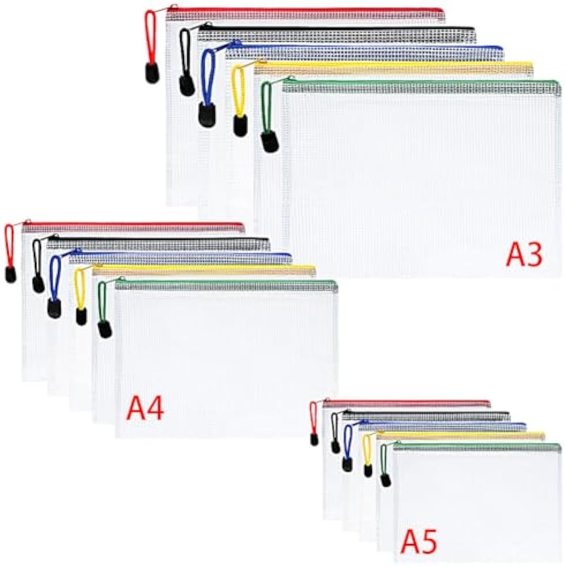 Vicloon Plastic Wallets, 15Pcs A3 A4 A5 Zip Lock Bags, Mesh Document Wallet Document Folders Plastic Pockets Zipper File Wallet for School Office Homework Travel Storage Bags (Color Zipper)