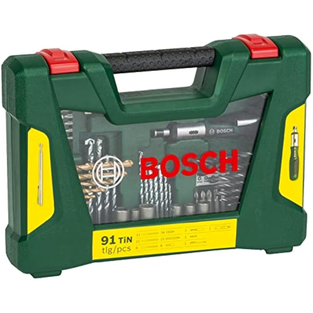 Bosch 2607017195 91-Piece Titanium Drill and Screwdriver Bit Set, V-Line (for Wood, Masonry and Metal, Including Ratchet Screwdriver and Magnetic Rod, Accessories for Drills and Screwdrivers), Green