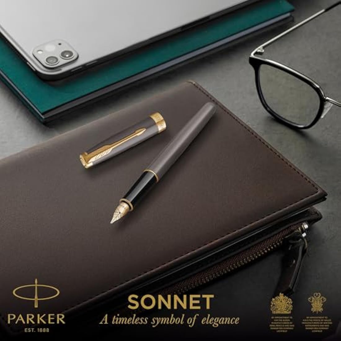 PARKER Sonnet Fountain Pen | Grey Lacquer with Gold Trims | Medium Stainless Steel Nib with Gold Coating | Black Ink Cartridge Refill | Gift Box | Perfect Graduation Gifts