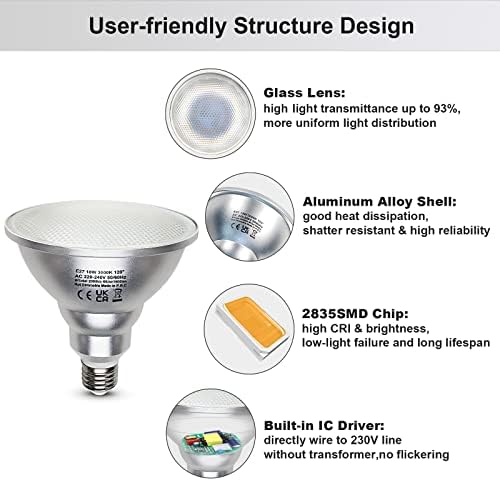 Unikcst 4X 18W PAR38 E27 LED Floodlight Bulbs PAR 38 Reflector Light 2000LM ES Cap 120° Beam Angle Warm White Replace 180W Halogen lamp
