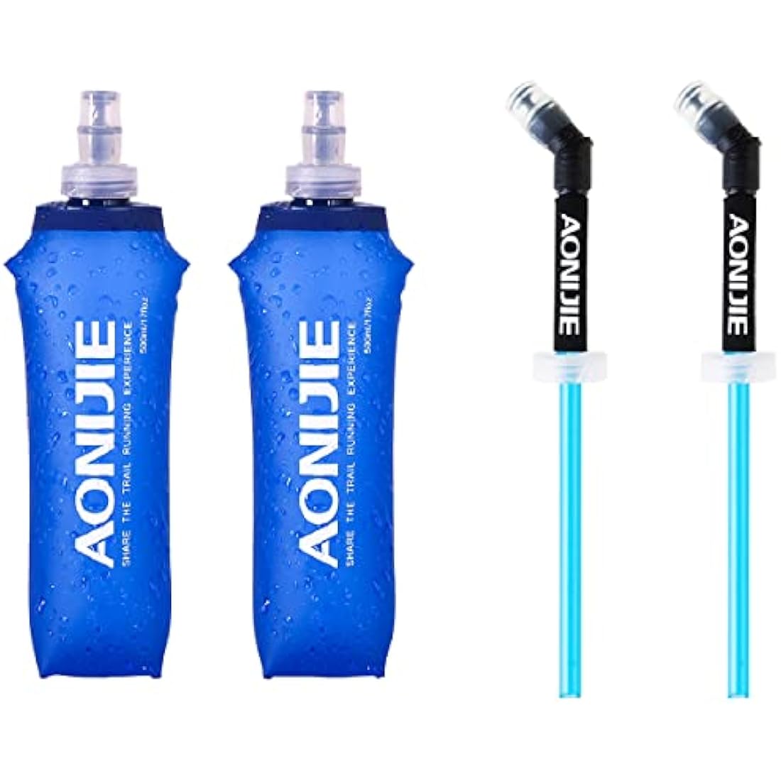 Azarxis TPU Soft Flask Collapsible Water Bottle Running Folding Gel Water Reservoir Handheld for Hydration Pack Hiking Cycling Climbing Jogging Marathon Trail Race (500ml - 2 Pack with 2 Speed Straw)