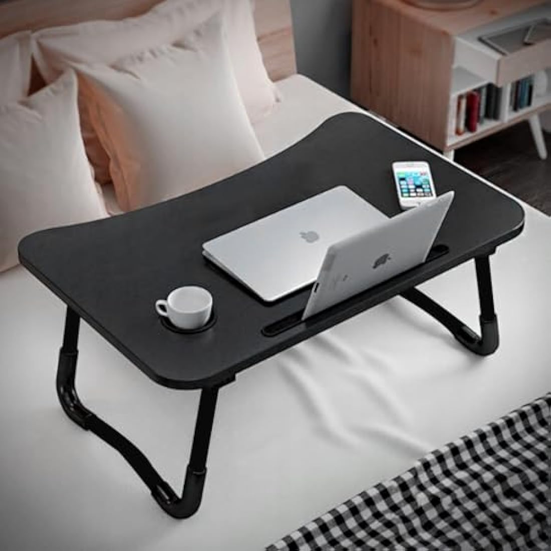 KKTECH Folding Laptop Bed Table Lap Standing Desk Sofa Breakfast Table Bed Tray Laptop Lap Desk with Cup Holder Notebook Stand Steel Legs 60x40x28cm (Black)
